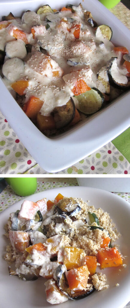 Verduras al comino con salsa de tahin