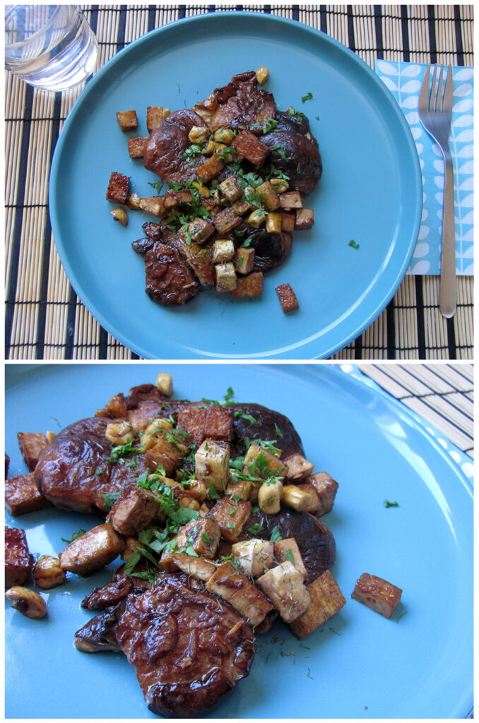 Shiitake marinado con tofu y anacardos